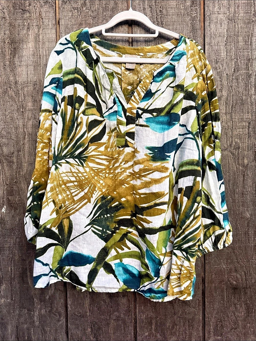 Chico's Linen Floral Tunic in Green & White Size 4 Like New